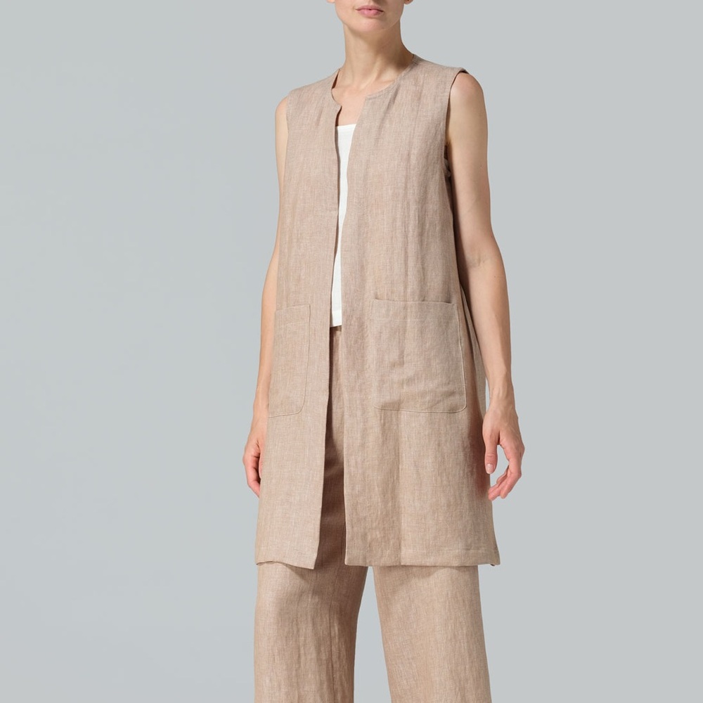 Kleen Women's Linen Tie-Front Sleeveless Cardigan Vest Large Tan Lightweight